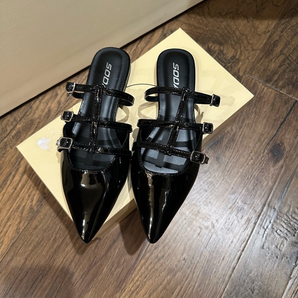 Soda Black Patent Leather Mules